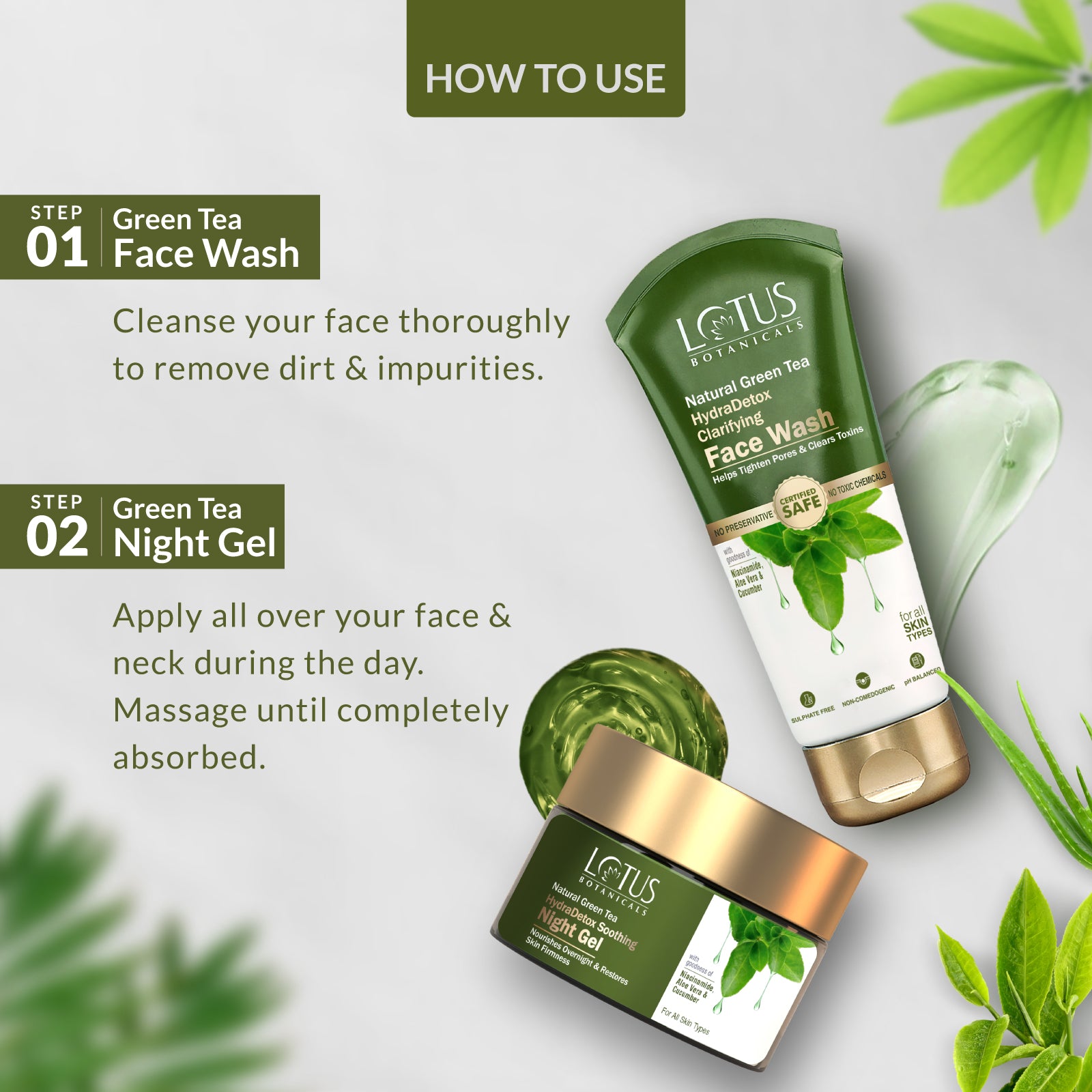 Green Tea Face Wash and Green Tea Night Gel - Free skincare combo with natural green tea extracts