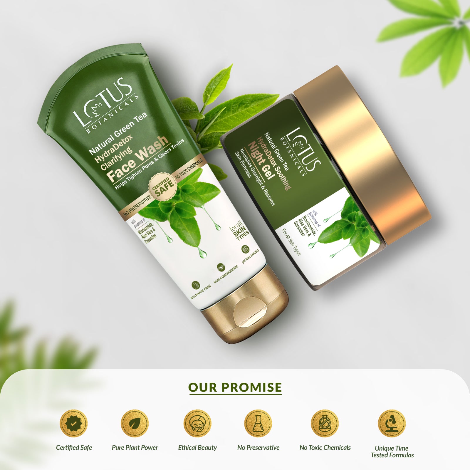 Image of FREE Green Tea Face Wash bottle and Green Tea Night Gel tube with soothing green tea leaves on a white background, for refreshing and rejuvenating skincare routine