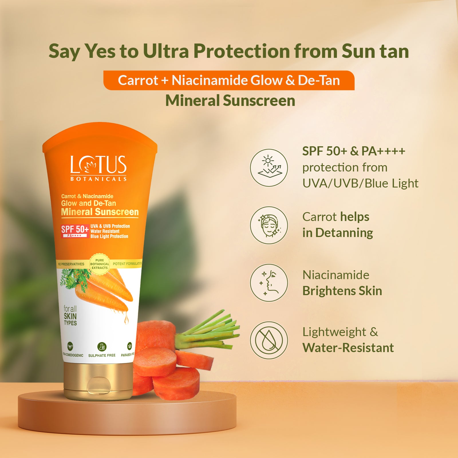 Carrot and Niacinamide Glow and De-Tan Mineral Sunscreen with SPF 50+ and PA++++