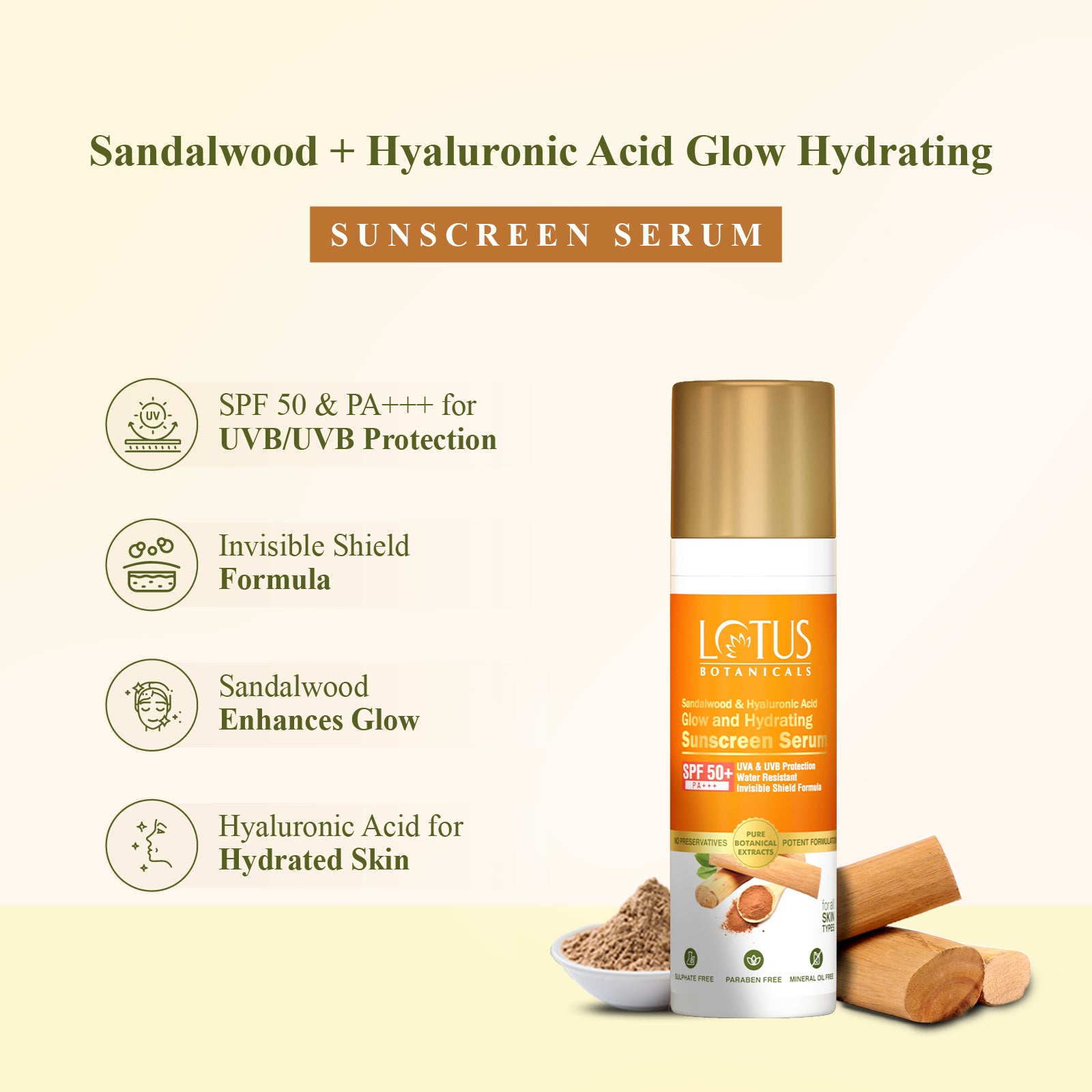 Sandalwood & Hyaluronic Acid Glow and Hydrating Sunscreen Serum | SPF50+ | PA+++ new