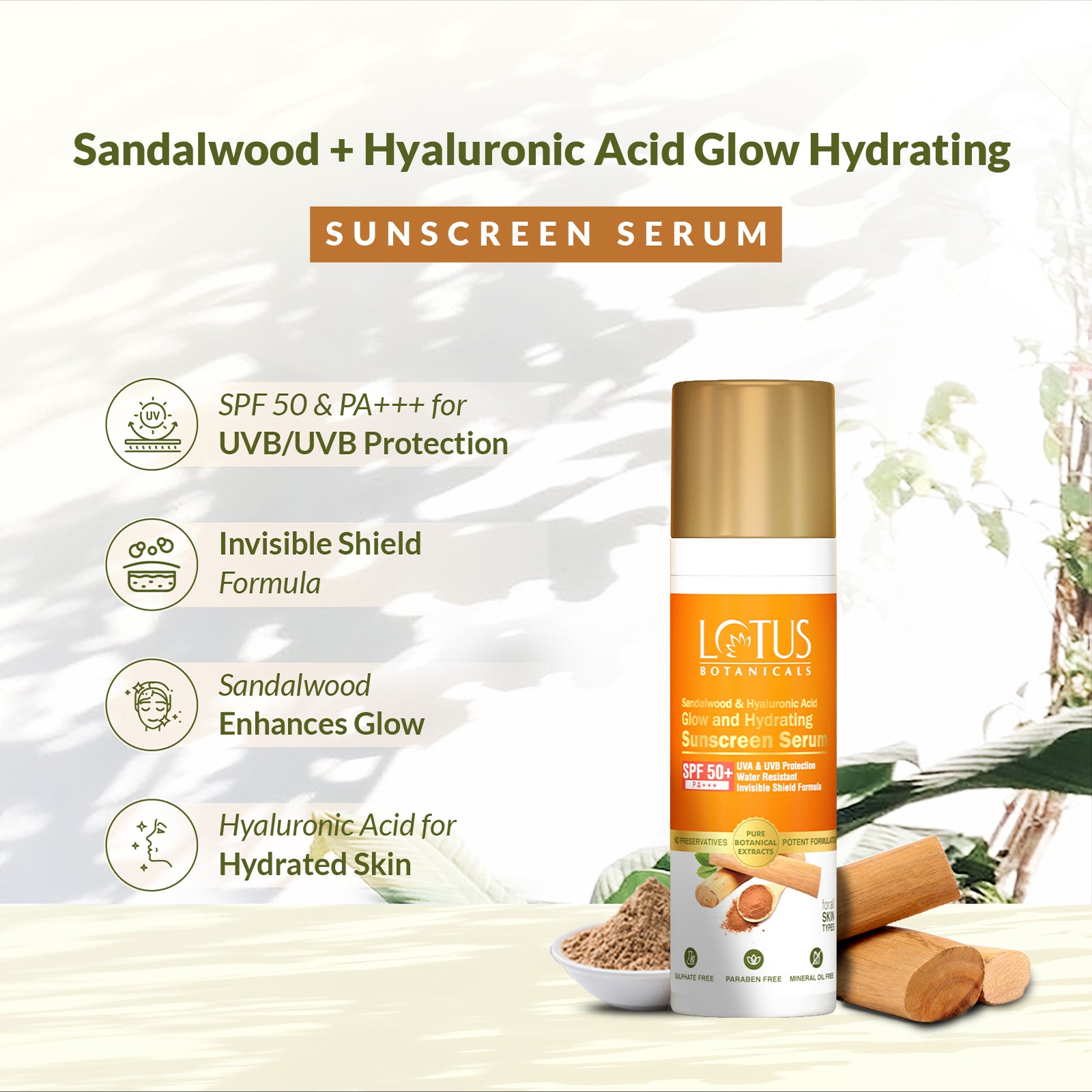 Sandalwood & Hyaluronic Acid Glow and Hydrating Sunscreen Serum with SPF50+ and PA+++ - Protects and Nourishes Skin with Natural Ingredients