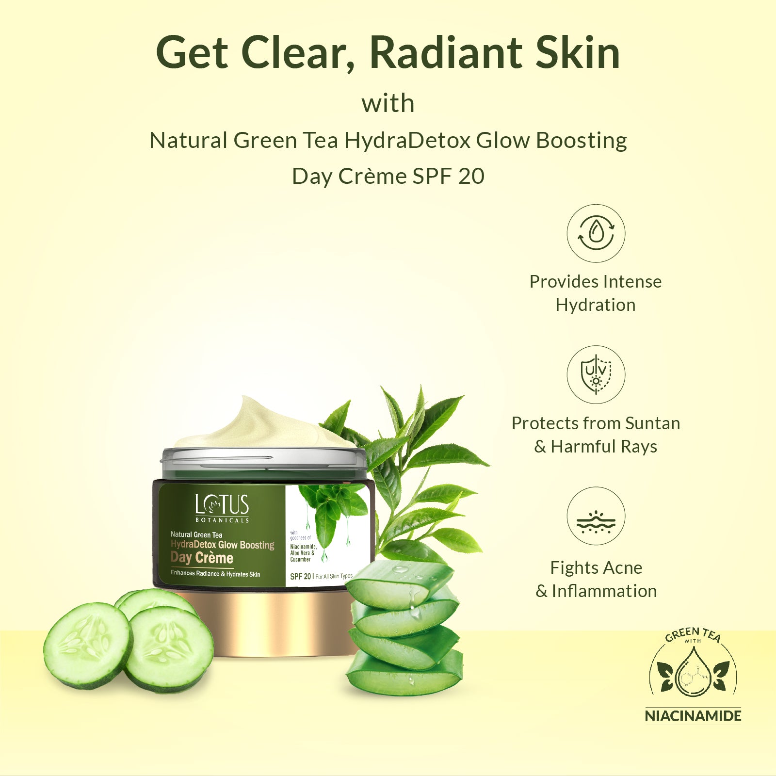 Image of Natural Green Tea HydraDetox Glow Boosting Day Crème SPF 20 - Moisturizing and Sun Protection Cream with Green Tea Extract for Healthy and Radiant Skin