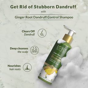 Ginger Root Dandruff-Control Shampoo bottle with organic ginger root and aloe vera extracts, providing natural solution to control and prevent dandruff